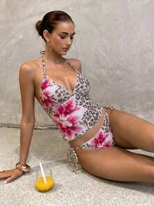 Swim Glamine 夏季甜美花卉奶油黃格紋比基尼背心套裝，休閒春夏度假海灘派對，2件組 - 中紫紅色 - 查看 7