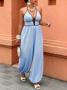 Weeklong Spring/Summer Women's Light Blue Spaghetti Strap Colorblock Trim A-Line Backless Jumpsuit, Fashionable Streetwear Sexy Beach Vacation - Multicolor - View 5
