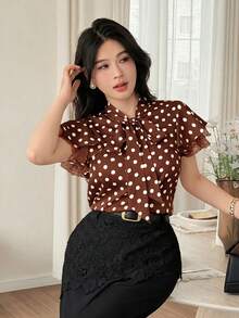 Feyla Chic Brown Polka Dot Women's Blouse V Neck Tie Front Satin Silk Feel Top With Ruffle Lace Trim Sleeves Fashionable Work Or Date Night Apparel - Coffee Brown - View 6