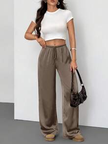 SHEIN Tall 女款低腰休閒復古緞面百搭棕色美拉德色長裙 - 摩卡棕 - 查看 5