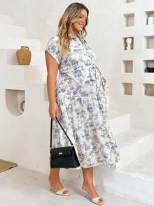 Plussiva Plus Size Maternity Floral Print Short Sleeve Casual Elegant Shirt Dress Baby Shower Light Blue Summer Baby Shower Baby Shower - Blue and White - View 7