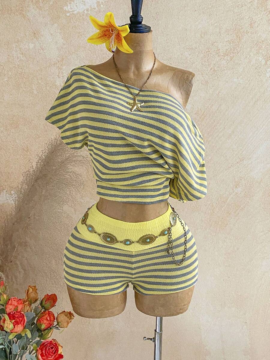 Soleia Plus Size Women's Striped Colorblock Asymmetrical Shoulder Top And Casual Sexy Shorts 2-Piece Set Beach Vacation Yellow Summer - Yellow - View 1