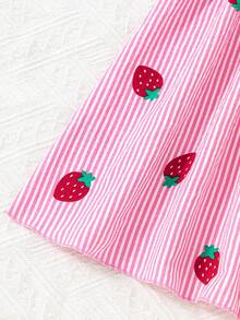 SHEIN Girls' Strawberry Print Sleeveless Dress,Pastel Pink Pink & White Striped Pattern,Summer Beach Holiday Sweet & Lively For Spring/Summer Outings - Pink - View 6