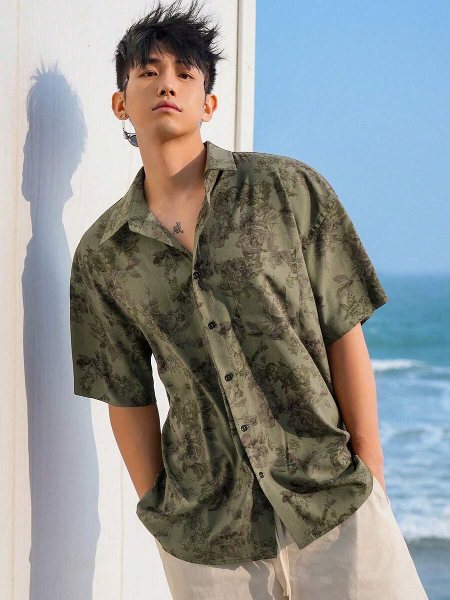 DAZY 男士花卉印花短袖海灘襯衫,附口袋,適合夏季度假與復活節圖案T恤 - 綠色 - 查看 1