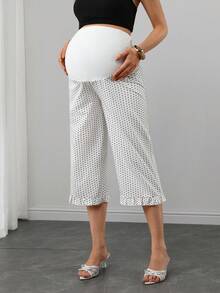 Momance Maternity Pants With Belly Support, Straight Leg, Frill Trim, Polka Dot Digital Print, Cropped Length Photoshoot Summer - White - View 4