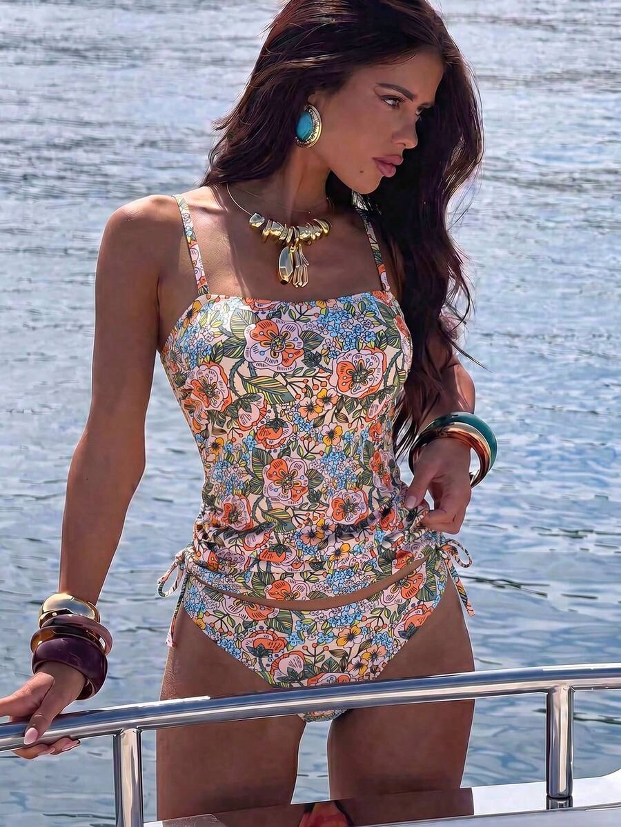 Swim Vcay Set Baju Renang Tankini Wanita dengan Motif Cetak, Gaya Kasual Elegan untuk Liburan - MultiWarna - View 1