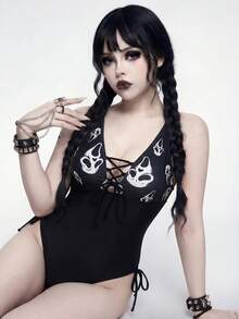 ROMWE Women's Lace-Up Drawstring V-Neck Black & White Striped Gothic Rock One-Piece - Black and White - View 5