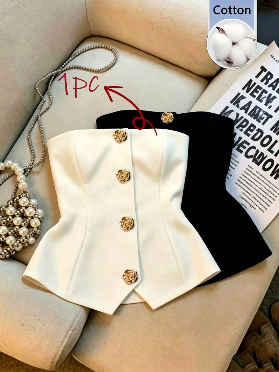 Women's Solid Color Metal Single-Breasted Casual French Elegant ...