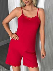 SHEIN Cottnline Women's Red Lace Trim Pajama Sets - Red - View 4