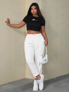 SHEIN ICON Plus Size Women's Pocket Tapered Casual Versatile Denim Jeans - White - View 4