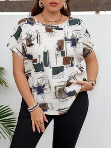 SHEIN LUNE Artistic Simple Sketch Round-Neck Plus Size Pullover Shirt - Multicolor - View 3
