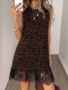 SHEIN LUNE Women's Summer Casual Lace Patchwork Leopard Print Sleeveless Dress - Multicolor - View 2