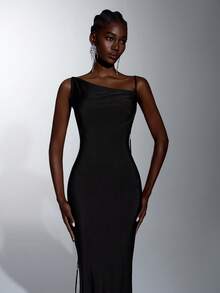 Elitara Elegant Classic Stretch Asymmetrical Neckline Backless Deep V-Neck Ruched Bodycon Pearl Trim Floor-Length Evening Gown For Wedding Party - Khaki - View 7