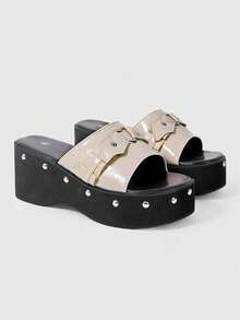 ROMWE Goth Women's Heeled Sandals With Punk Rivet Design, Super High Platform Heart-Shaped Slip-On Slippers For Outdoor Wear, 2026 Spring/Summer Lightweight Clogs Y2K - nude - View 2