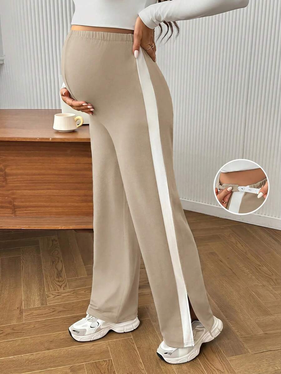 SHEIN Legging Ketat Kasual Serbaguna untuk Pakaian Sehari-hari dengan Pinggang yang Dapat Diatur dan Motif Blok Warna untuk Ibu Hamil - Khaki - View 1