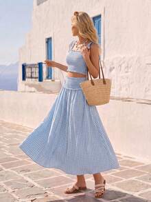 Vivid Eden Women's Vacation Casual Tropical Cute Blue And White Gingham Plaid Tank Top Skirt 2 Pieces Set Beach Holiday Outfits Festival Rave Clothes Summer - Blue - View 1