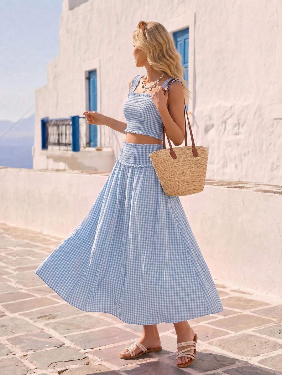 Vivid Eden Women's Vacation Casual Tropical Cute Blue And White Gingham Plaid Tank Top Skirt 2 Pieces Set Beach Holiday Outfits Festival Rave Clothes Summer - Blue - View 1