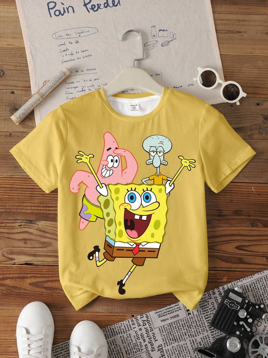 SpongeBob SquarePants | SHEIN 青少年男孩卡通印花短袖休閒T恤 - 白色 - 查看 1