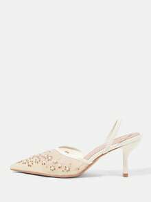 CUCCOO HITCHD Rice Apricot Mesh Embroidered Rhinestone Pointed Back Empty Elastic Thin Back Strap Breathable Bridal Wedding Shoes, Wedding Banquet Dating Fairy - Beige - View 8