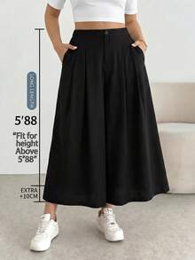 SHEIN Tall CURVE Plus Size Women's Solid Color Pocket Casual Wide Leg Cropped Pants Formal Office Brunch Bussines Teacher Black Autumn Teachers' Day - Black - View 10