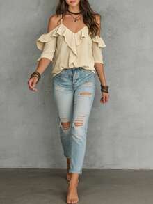 EMERY ROSE Blusa de volantes con hombros descubiertos de unicolor, estilo de vacaciones de playa para mujer - Albaricoque - Ver 3