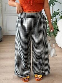 SHEIN EZwear 大码女式休闲度假通勤格子印花高腰宽松阔腿裤 - 黑與白 - 查看 5