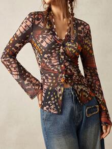 Bohemela Top de mujer de malla tejida con estampado casual - Multicolor - Ver 6