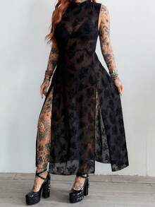 Whyspr Dark High Slit Sheer Long Black Asymmetrical Pattern Dress - Black - View 3