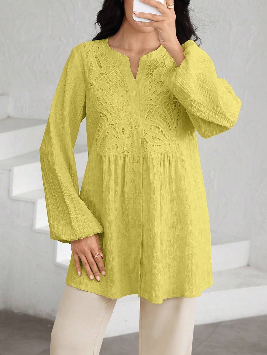 Graceveil Solid Color Lace Patchwork Textured Blouse - Yellow - View 1