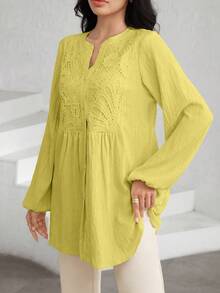 Graceveil Solid Color Lace Patchwork Textured Blouse - Yellow - View 8