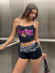 THE POWERPUFF GIRLS X SHEIN Women's Letter Print Cropped Camisole And Casual Zebra Print Shorts 2pcs Set - Black - View 4