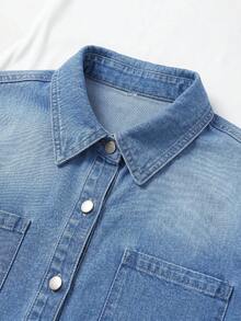 EMERY ROSE EMERY ROSE Plus Size Women's Rolled Hem Short Sleeve Single-Breasted Drawstring Waist Casual Denim Shirt,Light Wash Collared Roll Tab Sleeve Denim Shirt,Business - Blue - View 5
