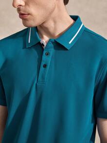 Courvante 男士條紋短袖休閒通勤 Polo 衫，男裝 - 青碧色 - 查看 6