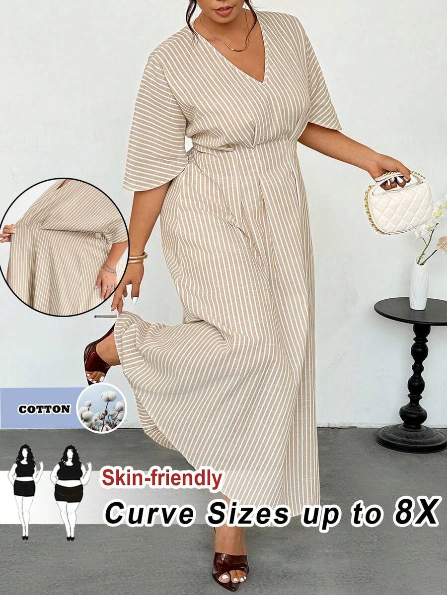 SHEIN CURVE+ 大尺碼春夏簡約條紋優雅休閒日常通勤風V領高腰百褶拉鍊收腰喇叭A字X型中長洋裝 - 杏色 - 查看 1