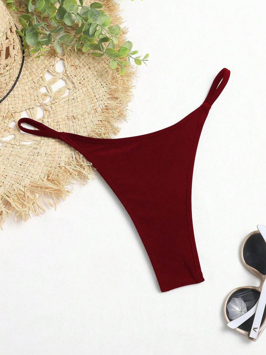 SHEIN Swim 女士纯色比基尼三角泳裤,简约时尚 - 酒紅色 - 查看 1