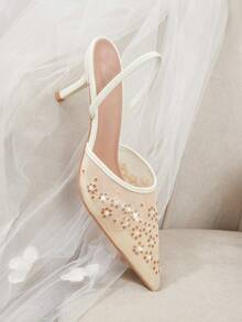 CUCCOO HITCHD Rice Apricot Mesh Embroidered Rhinestone Pointed Back Empty Elastic Thin Back Strap Breathable Bridal Wedding Shoes, Wedding Banquet Dating Fairy - Beige - View 13