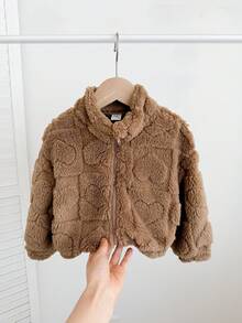 SHEIN LMoss Kids LMoss Baby Girl Cute And Casual Furry Stand Collar Jacket With Heart Pattern, Perfect For Autumn And Winter - Mocha Brown - View 6