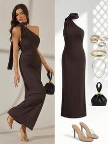 SHEIN Tall Women's Dark Brown Asymmetrical Ruffled Halter-Neck Strapless Dress Elegant Sexy Summer Long Dress With Pleated Waist For Party Party Night Night Out - Coffee Brown - View 4