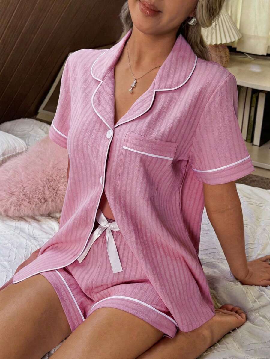 SHEIN 女士撞色滚边蝴蝶结装饰腰带翻领前襟短袖短裤睡衣套装 - 粉色 - 查看 1