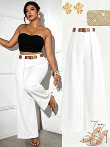 SHEIN Tall CURVE 加大码 TALL 系列女士简约褶裥直筒裤，适合通勤 - 白色 - 查看 7