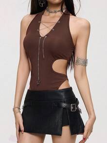 INAWLY Bodysuit Wanita Warna Polos dengan Desain Tali Rantai, Model Halter Neck, Cocok untuk Acara Malam, Musik, Pesta, Musim Panas, Warna Cokelat Tua, Seksi - Coklat - View 6