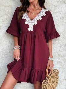 Holdful Holdful Women's Summer Short Sleeve Printed Vacation Casual Boho Dress Burgundy - Burgundy - View 4