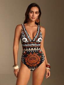 Swim Oasis 26SS 春夏度假風優雅黑白貝殼圖案波西米亞掛脖上衣，搭配裙子 - 棕色 - 查看 6