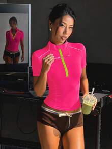 SHEIN Sovereign Charm Spring/Summer Women's Sports Sweatshirt, Pink Fitted Color-Block Half-Zip Stand Collar, Front Color-Block Webbing Patchwork, Slim Fit Split Line Short Sleeve, Style Suitable For Fashion Casual, Running, Yoga, Gym, Tennis, Golf - Hot Pink - View 4