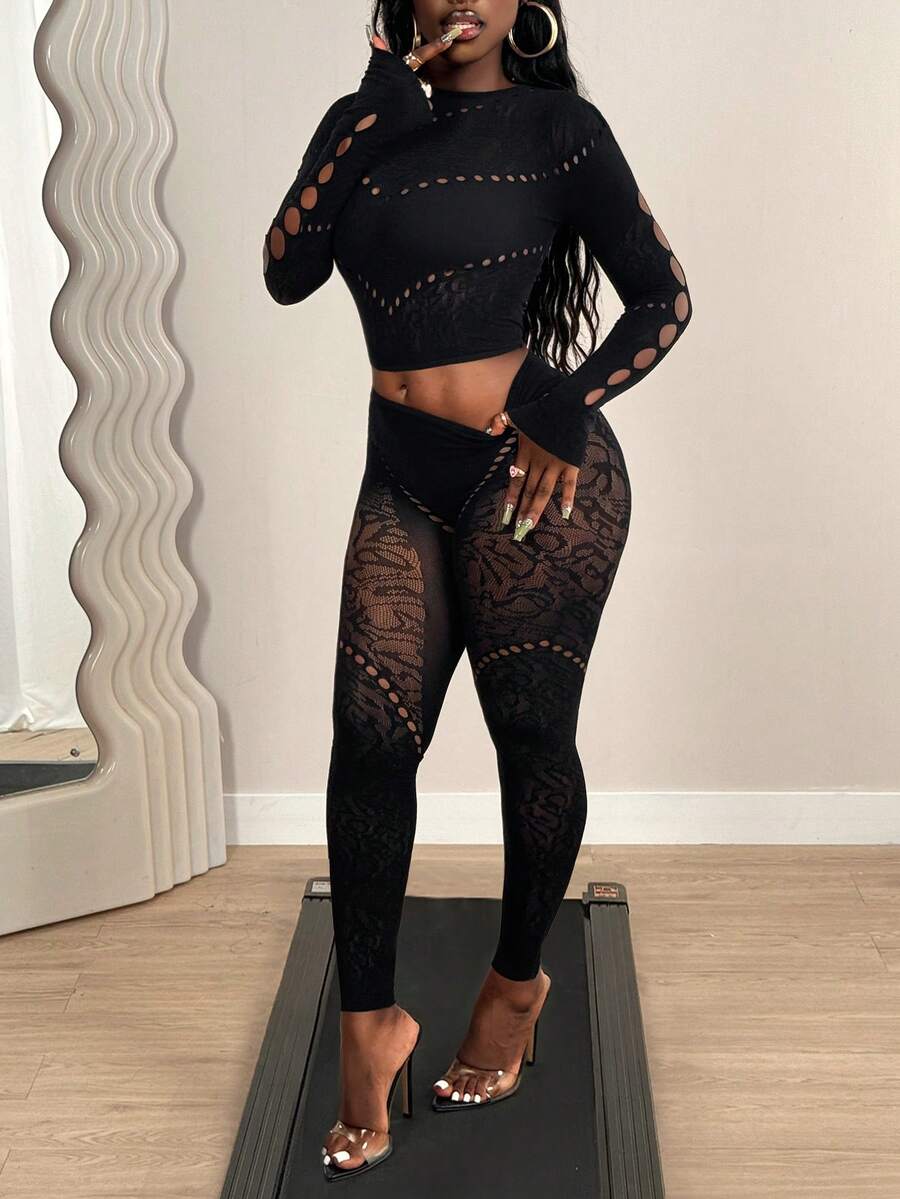 BamGleam Women's Hollow-Out Sheer Tight-Fitting 2 Pieces Set Night Out Black Summer - Black - View 1
