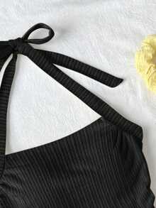 SHEIN Tween Girl Black Summer Basic Vacation Knit Textured Jacquard Halter Cinched Waist Fitted Camisole,Spring/Summer Party,Date,Valentine's Day,Easter - Black - View 5