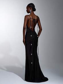 Elitara Elegant Classic Stretch Asymmetrical Neckline Backless Deep V-Neck Ruched Bodycon Pearl Trim Floor-Length Evening Gown For Wedding Party - Khaki - View 3