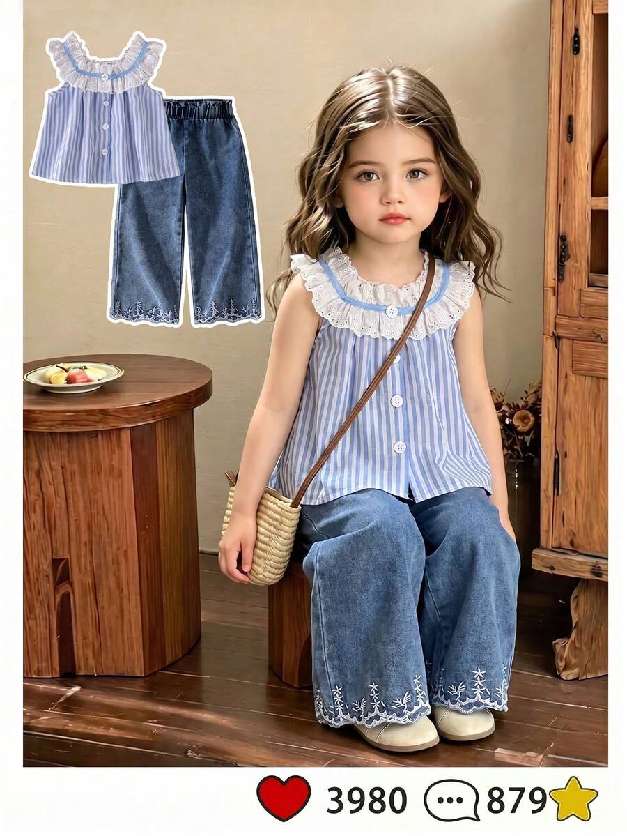 SHEIN Elladie kids 2件組少女休閒時尚圓領無袖寬鬆刺繡蕾絲布料背心上衣 + 牛仔喇叭褲腳刺繡百搭套裝，適合度假旅行日常穿著，夏季柔軟舒適面料，2026春夏新款