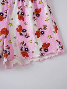 THE POWERPUFF GIRLS X SHEIN Young Girl Cartoon Print Round Neck Short Sleeve Top And Ruffle Hem Shorts Set, Casual Home Wear - Multicolor - View 6