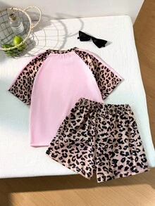 Genkimix Kids 女童休閒輕運動豹紋印花插肩袖T恤，前胸可愛蝴蝶結設計，對比粉色針織針織面料，Y2K復古雙條紋豹紋短褲套裝，適合休閒活動、街頭風、運動 - 彩色 - 查看 2